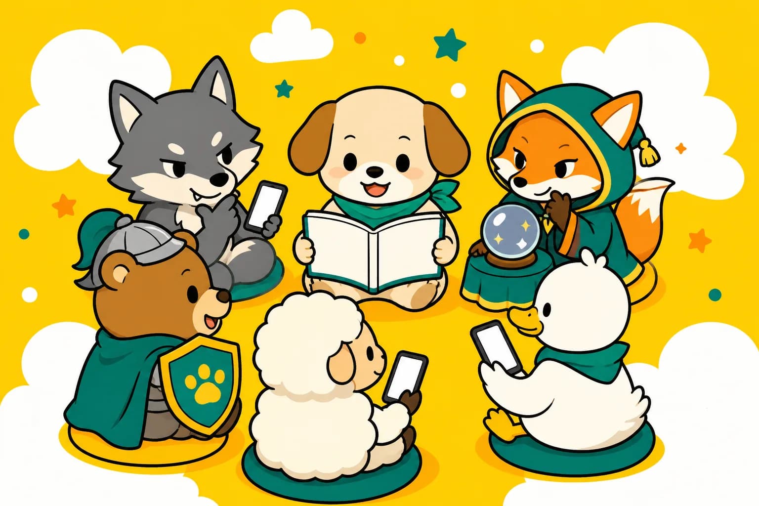 動物たちが輪になってスマホで人狼ゲームを遊んでいるイラスト