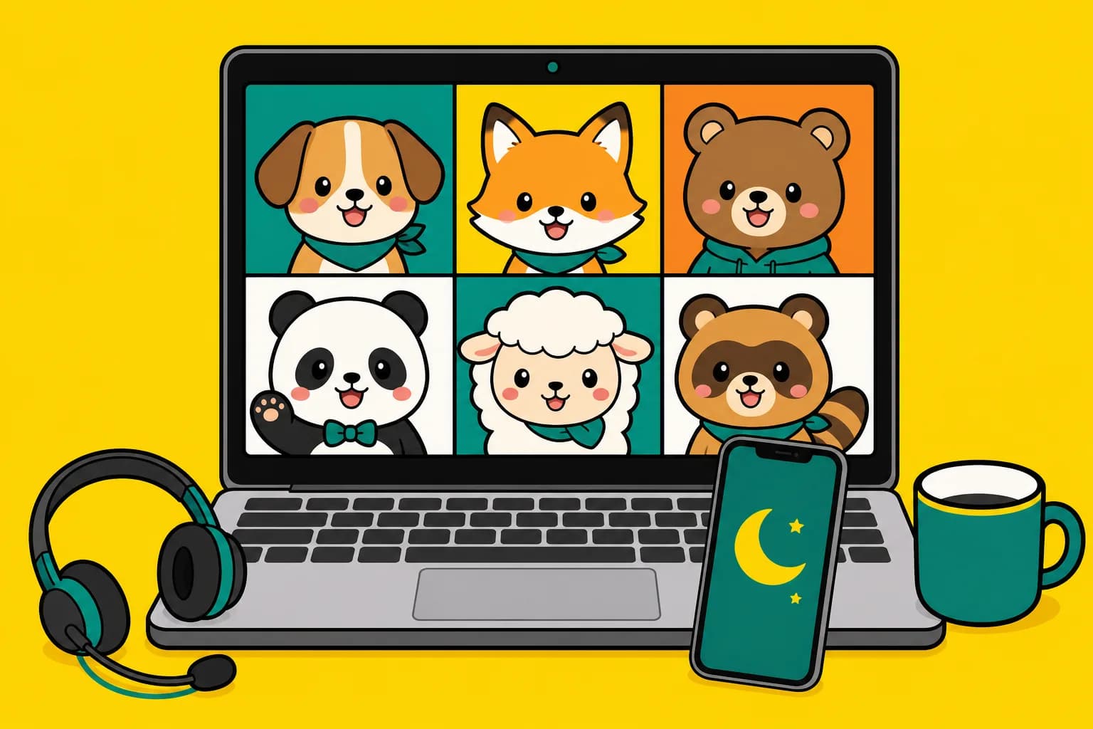 ノートPCのビデオ通話画面に並ぶ動物たちとスマホのイラスト