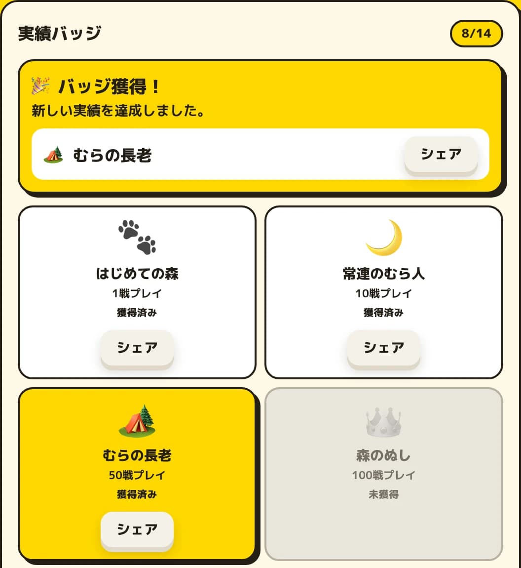 マイページの実績バッジ棚のスクリーンショット。獲得済みの「はじめての森」「むらの長老」と未獲得の「森のぬし」が並ぶ