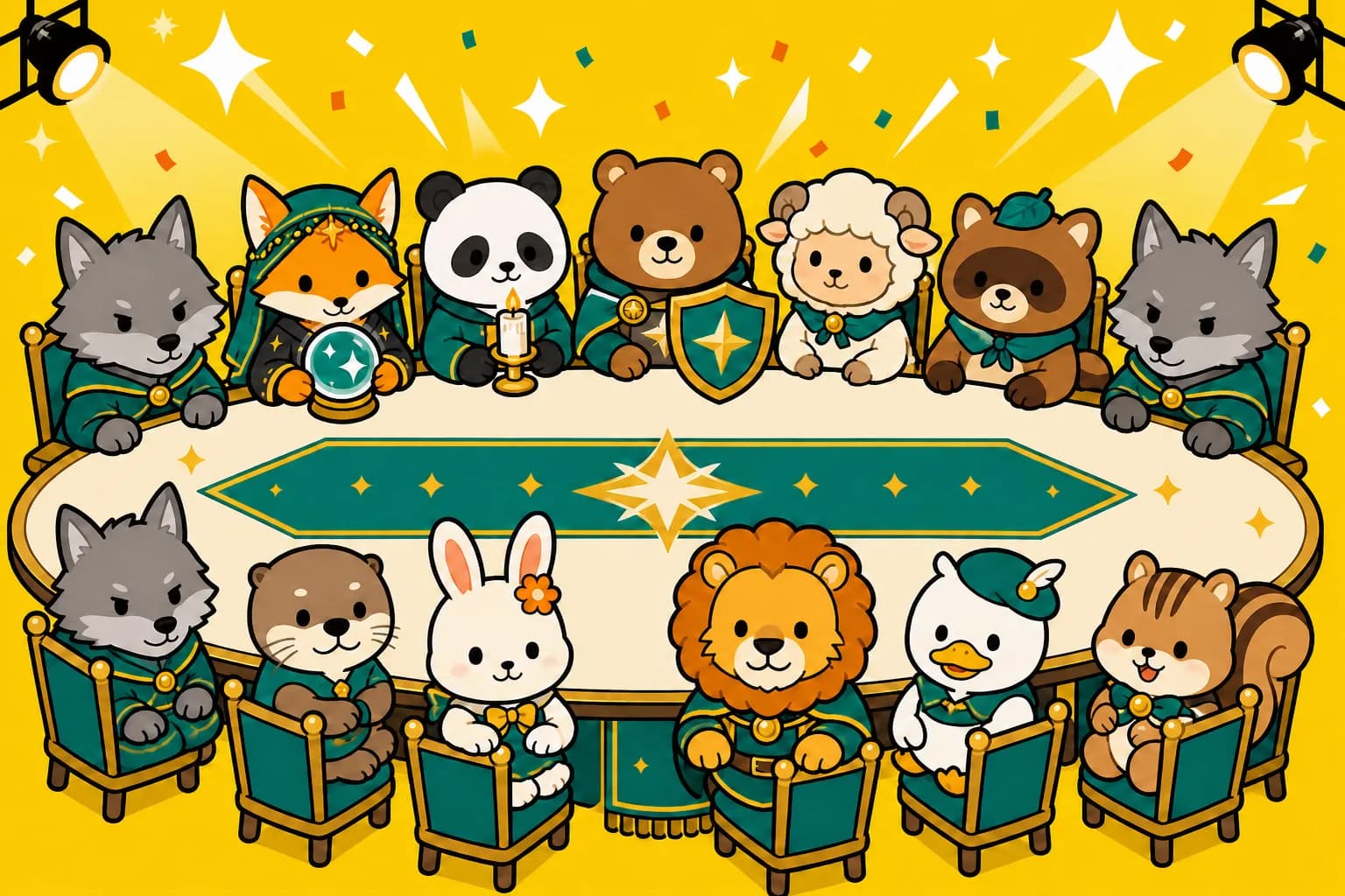 13匹の動物が長テーブルに並ぶ人狼のイラスト。3匹のオオカミが紛れている